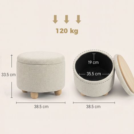 Pouf de rangement rond 19 L en jute (avec couvercle), capacité de charge 120 kg, 38,5 x 38,5 x 33,5 cm, beige (1/5)
