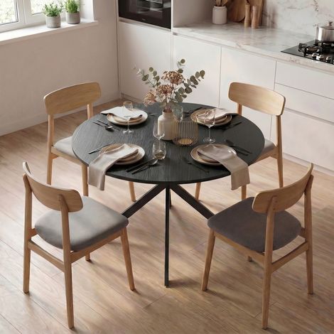 Table ronde pour 4 personnes, table de cuisine style industriel avec pieds en acier, salle à manger, cuisine, noir (1/5)