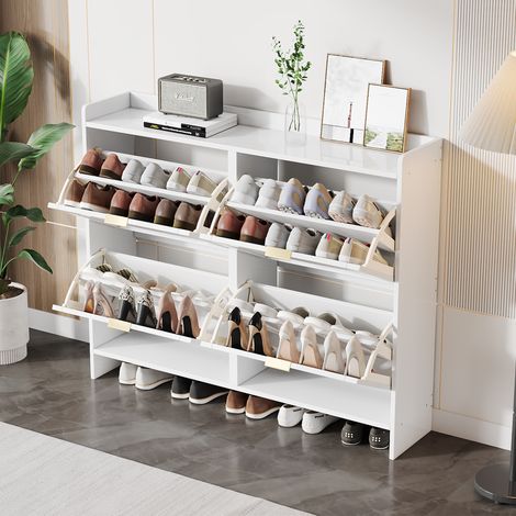 Meuble à chaussures 110x24x90 cm en panneaux de bois blanc, gain de place pour entrée, FloraGrace (1/5)