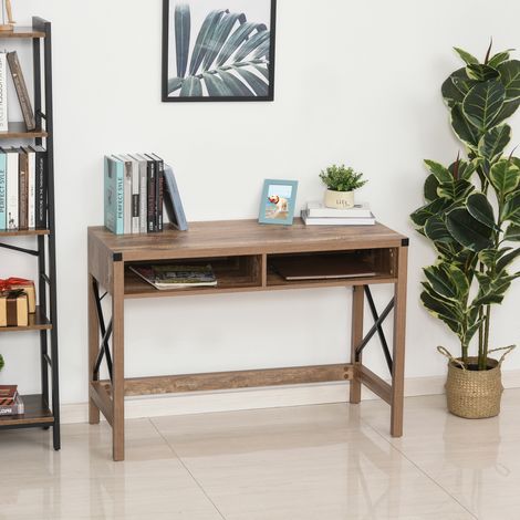 Bureau industriel design grand plateau 2 compartiments, métal noir et panneaux particules imitation bois veinage marron (1/5)
