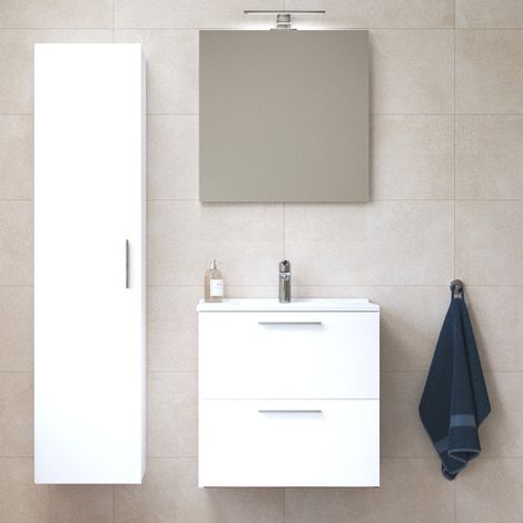 Vitra Set Mia ensemble meuble 59x61x39,5cm avec miroir, lavabo, éclairage LED + armoire 145x35x35cm, Blanc brillant