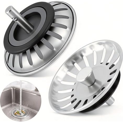 2 pièces 78mm Bouchon d'Evier de Cuisine, en Acier Inoxydable, Panier Filtre avec Joint Silicone, Crépine de Vidange Anti Débris pour Bonde, Lavabo, Bac de Cuisine et Évacuation (1/5)