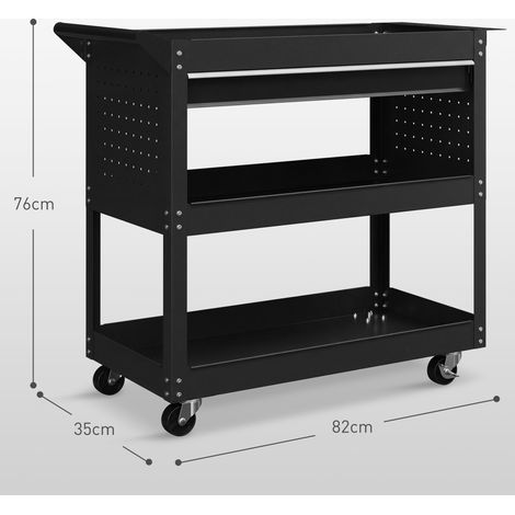 Chariot en acier à trois niveaux avec tiroirs, porte-outils latéral et poignée (noir) (1/5)