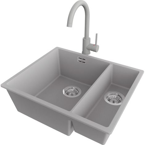 PRIMAGRAN Evier Cuisine en Granit 56x47cm,Lavabo 1,5 bacs + Robinet 32x20cm + Kit de Vidage, Évier à Encastrer au meuble 60cm - London Slim Duo, Gris (1/5)
