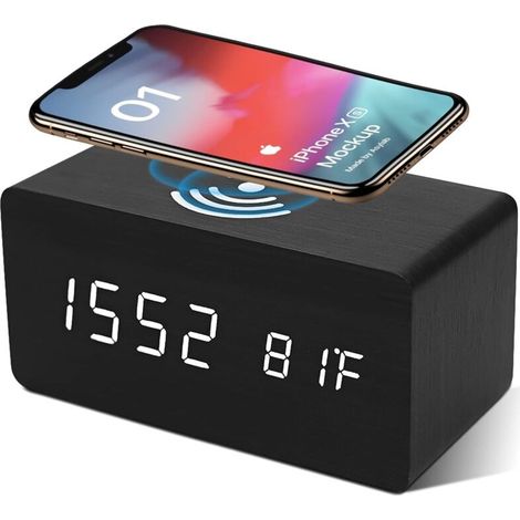 Reveil Numerique Avec Chargeur Sans Fil Led Reveil De Bureau Affichage De La Temperature, Noir - Noir