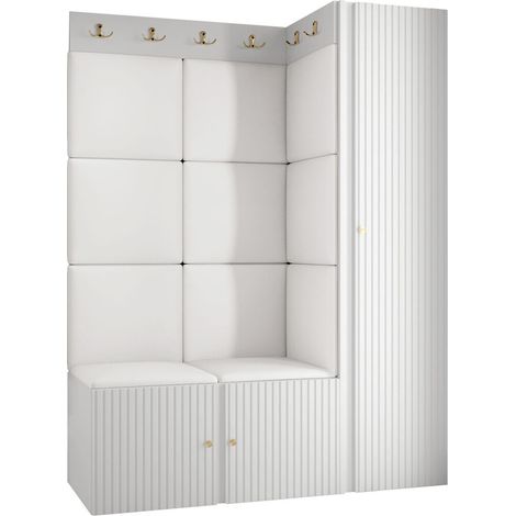 Meuble d'entrée Hartford 385, Blanc, 186x124x46cm, MDF, Stratifié, Faux cuir, Murale, À poser