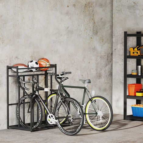 Support de vélo support de stationnement à 3 vélos avec panier supérieur 4 crochets 90 x 54 x 100 cm noir (1/5)