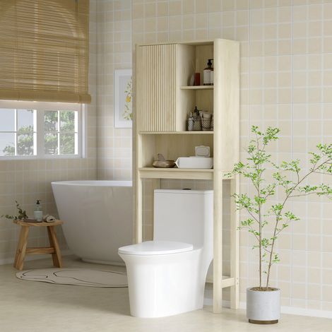 Meuble de rangement au-dessus des toilettes avec porte coulissante. compartiments et étagère réglable. blanc