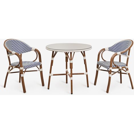 SKLUM Brielle Bistro-Set mit 80 cm rundem Tisch und 2 stapelbaren Aluminium-Gartenstühlen mit Armlehnen Ken Blau - Gardenia Weiß                                  
