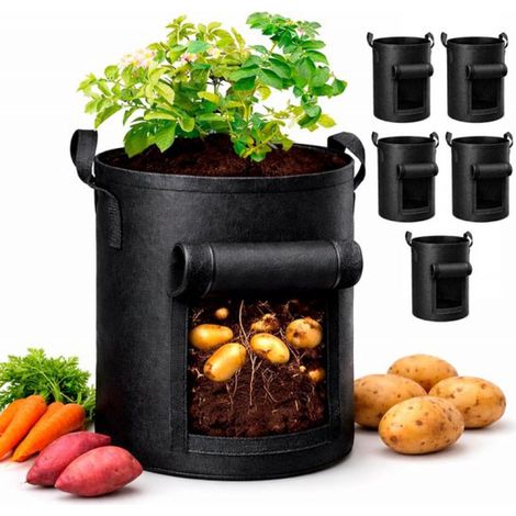 Lot de 5 sacs de culture de pommes de terre de 38 litres, sacs de jardin avec poignées renforcées, sacs épais en non-tissé pour tomates, légumes et fruits (1/5)