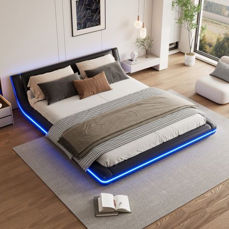 lit adulte couchage LED 160x200 revêtement PU noir OKMYHOME (1/5)