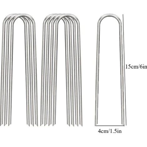 (4 x 15 cm, 10 pièces) Clous de jardin en forme de U, robustes, pour piquets de clôture, clous galvanisés pour la fixation de tuyaux d'eau, de barrières de gazon et autres éléments de jardin. (1/4)