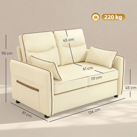 Canapé deux places en similicuir avec rembourrage épais, poches latérales et deux coussins, 136 x 81 x 90 cm, beige (1/5)