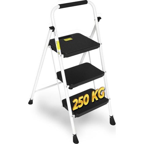 HYTAMA Scala Scaletta Sgabello Pieghevole "WHITE MAX" Salvaspazio con Gradini Antiscivolo e Impugnatura Soft in Gomma per Sicurezza Portata max150kg (3 GRADINI)