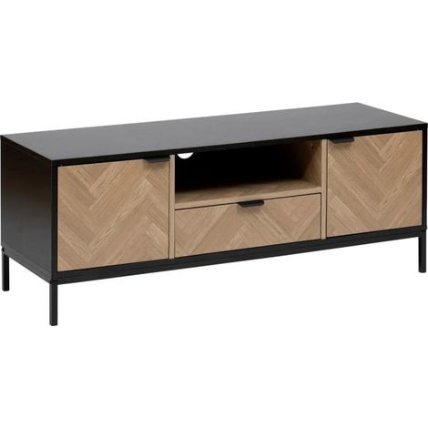 Meuble TV 2 Portes & 1 Tiroir "Chevrons" 120cm Naturel & Noir (1/5)