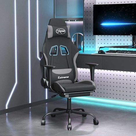 vidaXL Silla gaming de masaje con reposapiés tela negro y gris claro (1/5)