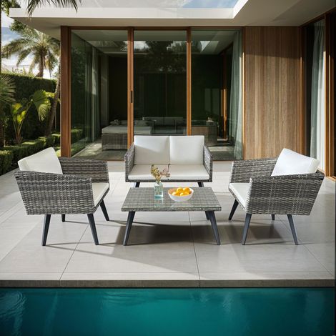 M&S – Salon de jardin en résine tressée et aluminium 4 places – Canapé 2 places et 2 fauteuils – Table basse avec plateau en verre sécurit