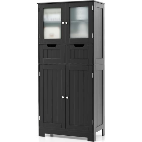 Armoire de rangement noire en MDF avec 4 portes vitrées, 2 tiroirs et étagères réglables pour salle de bain, salon et entrée (1/5)