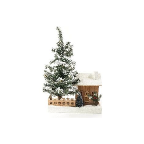 Casetta in legno con albero innevato e luci led 60239