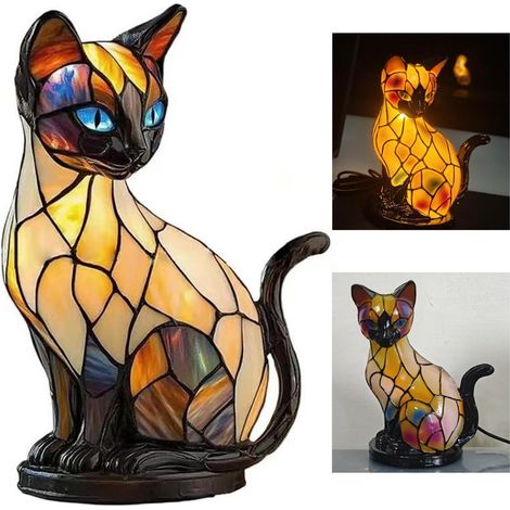Lampara Nocturna - Lampara De Mesa - Diseño Gato Siamés - Resina - Luz Cálida Suave - LED - Para Dormitorio Y Salón - Unidad (1/5)