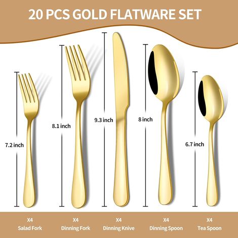 Juego de cubiertos dorados de 20 piezas, cubiertos ENLOY de acero inoxidable para 4 personas, resistente, apto para lavavajillas, con cuchillo, tenedor y cuchara pulidos a espejo para restaurante (1/4)