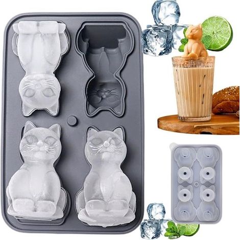 Bonita bandeja de silicona 3D para cubitos de hielo con forma de gato de dibujos animados, libre de BPA (gris).