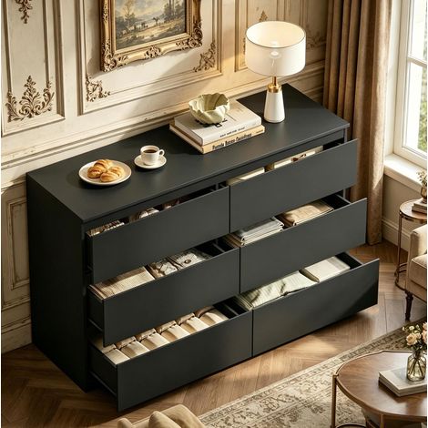 Comò 120x40x75 cm, 6 cassetti, piano d’appoggio ampio, design senza maniglie, legno ingegnerizzato, nero (1/5)