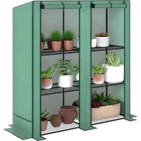 Serre de jardin avec étagères métalliques à 3 niveaux serre de balcon couverture PE toit incliné 144 x 48 x 152 cm vert (1/5)