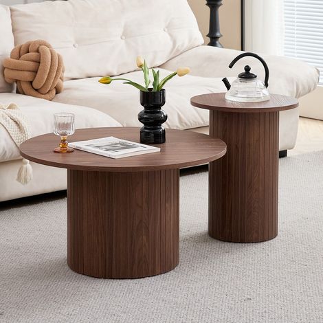 Wokaka Tavolini Bassi Rotondi, confezione da 2 - Stile Naturale - MDF effetto legno marrone scuro - 50/70 cm