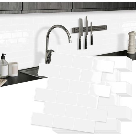 Plus épais Credence Adhesive pour Cuisine Stickers Carrelage Metro Blanc 3d Salle de Bain Crédence Adhesive,Adhesif Mural Carreaux (10-Pièces, 30 x 30cm) (1/5)