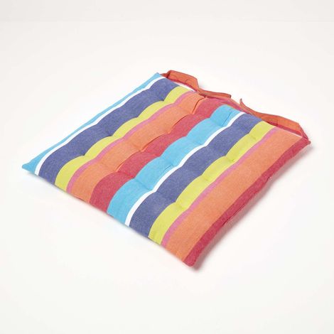HOMESCAPES Multi Stripe Seat Pad with Button Straps 100% Cotton 40 x 40 cm