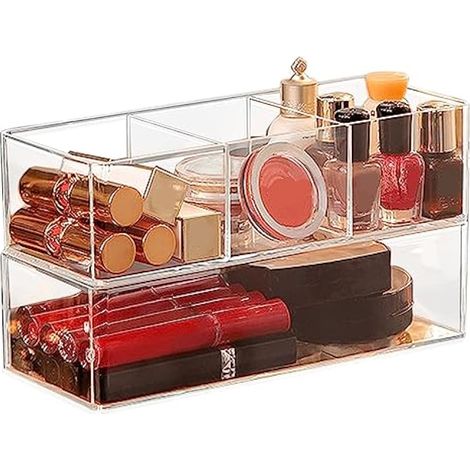 QINERSAW Organiseurs de maquillage en acrylique - Tiroir empilable - Rangement de cosmétiques - Boîte de rangement - Coiffeuse - Transparent (1/5)