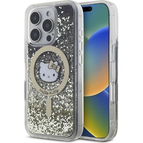 Coque rigide Hello Kitty HKHMP16LLGDIK pour iPhone 16 Pro 6,3" noir et or, finition Liquid Glitter Fever, compatible MagSafe