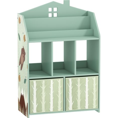 Scaffale Portagiochi per Bambini 62,5x30x91,5 cm con 2 Contenitori Rimovibili in Tessuto e Ripiani in Legno FSC Verde (1/5)