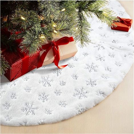 Jupe de sapin de Noël Tapis en fausse fourrure avec broderie de flocons de neige Décoration de sapin de Noël argenté pailleté 78cm (1/5)