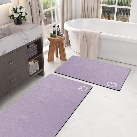 Lot de 2 tapis de bain, pierre de diatomée, séchage rapide, antidérapant, caoutchouc, lavande, salle de bain