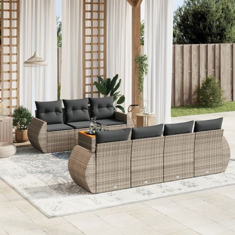 Ensemble salon jardin 8 places en résine tressée gris avec canapés modulaires, accoudoirs, table acacia et coussins amovibles (1/5)
