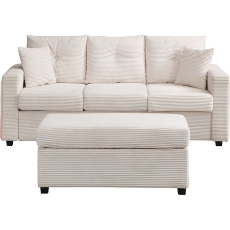 Divano angolare 3 posti con pouf rimovibile e LED, tessuto a coste beige MODENUIT (1/5)