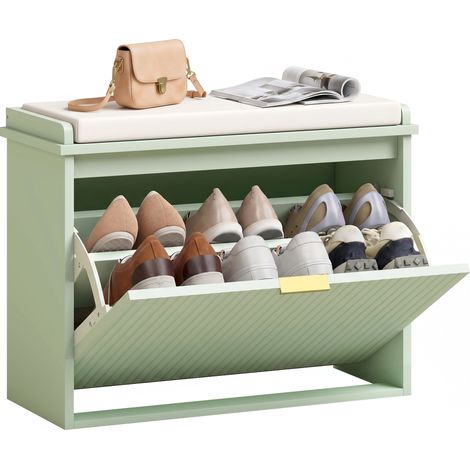Schuhbank mit gepolstertem Sitzkissen und ausklappbarer Schublade für Flur oder Schlafzimmer, 62 x 26 x 47,5 cm, grün (1/5)