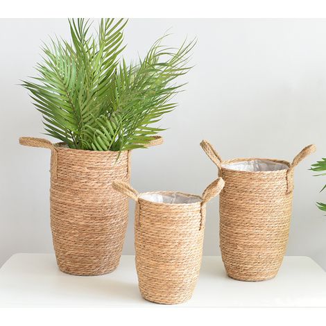 Panier à plantes tressé en herbe naturelle, cache-pot haut avec poignées, 3 tailles pour plantes vertes et fleurs d’intérieur (1/5)