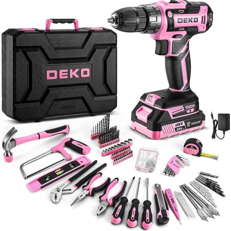 Caisse à Outils Complète 186 Pièces: Boîte à Outils Rose avec Perceuse Visseuse Sans Fil 20V, 1.5Ah Batterie, pour Maison, Bureau et Voiture, pour Entretien Quotidien (1/5)