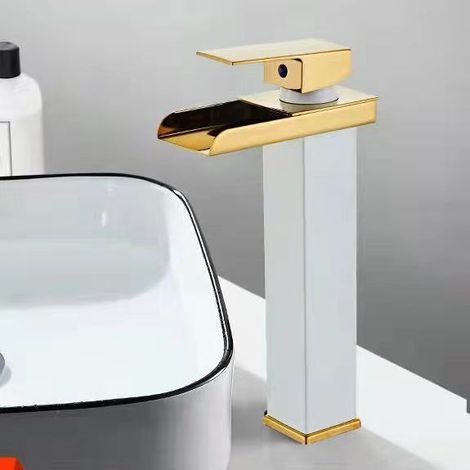 Robinet de salle de bain à bec large effet cascade, finition aspect platine et flexibles de 60 cm mitigeur eau chaude/froide de style européen adapté aux vasques standard ou à poser. (1/3)