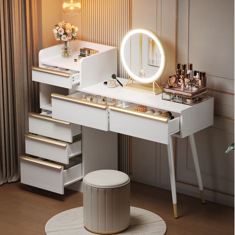 Toeletta 100x41.5x102 cm con piano estraibile, specchio LED dimmerabile, 6 cassetti, truciolare bianco (1/5)