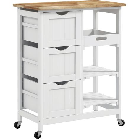 Rolling Kitchen Island Cart, Bar Serving Cart, Compact Trolley on Wheels with Wood Top, Shelves & Drawers for Home Dining Area, White