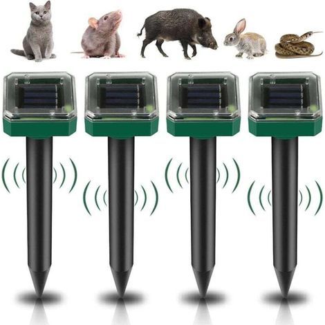 Répulsif à taupes ultrasonique solaire, kit de 4 pièces, répulsif à taupes ultrasonique solaire, répulsif à serpents ultrasonique, répulsif à souris extérieur étanche IP65, anti-gaufres (1/4)