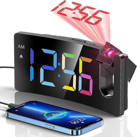 Réveil à projection, horloge numérique avec projecteur rotatif à 180°, réglage de la luminosité sur 3 niveaux, projection numérique rouge de couleur Y. (1/5)