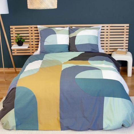Parure de lit - Housse de Couette - 220x240 cm - 100% Coton - Motif géométrique - Bleu, Jaune