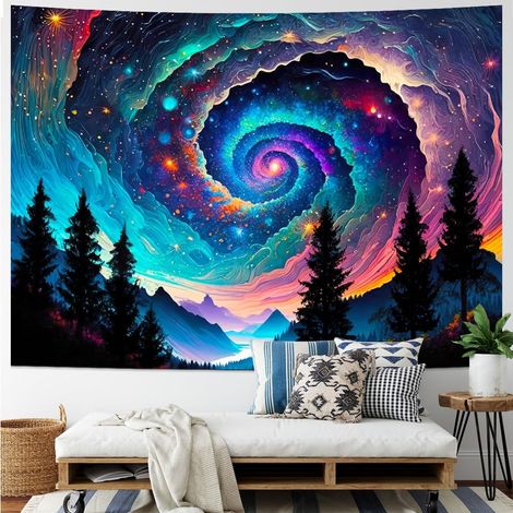 Farbenfroher Wandteppich mit Sternenhimmel, psychedelischer Berg-Wandteppich, Wandteppich mit nebligem Waldmotiv, Wandbehang 150 x 130 cm (1/4)