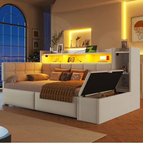 Lit banquette moderne en velours blanc 90x190 cm avec tête de lit, 2 tiroirs, rangement, LED, USB et Type-C (1/5)