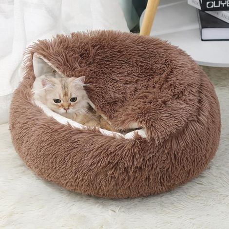 Katzenkorb, weiches Bett für Katzen und Hunde, warmer, halbgeschlossener Haustierkorb, Schlafplatz 50 cm, braun